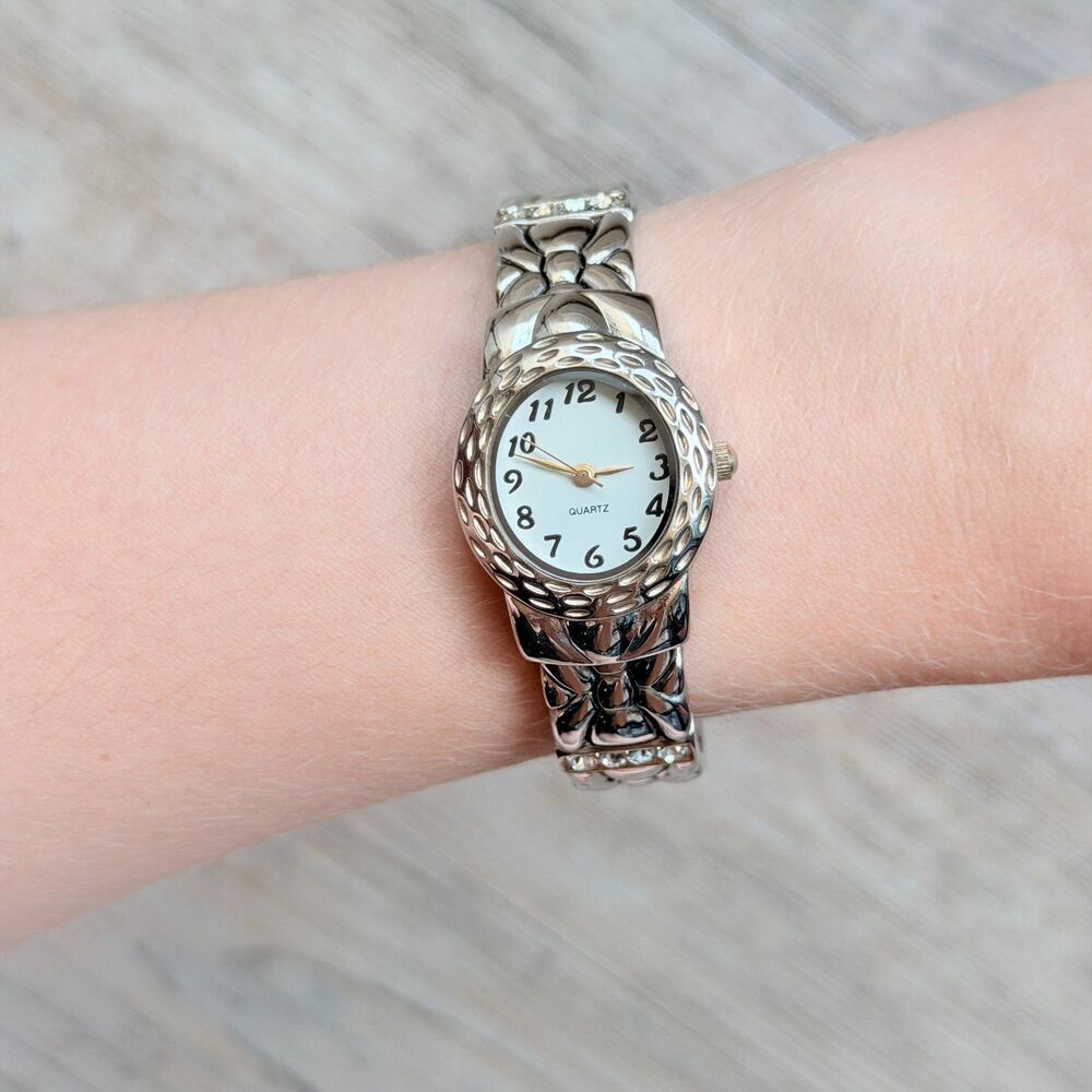 Vintage Silver Tone Cuff Bracelet Watch Floral Stretch Bangle Quartz Antique